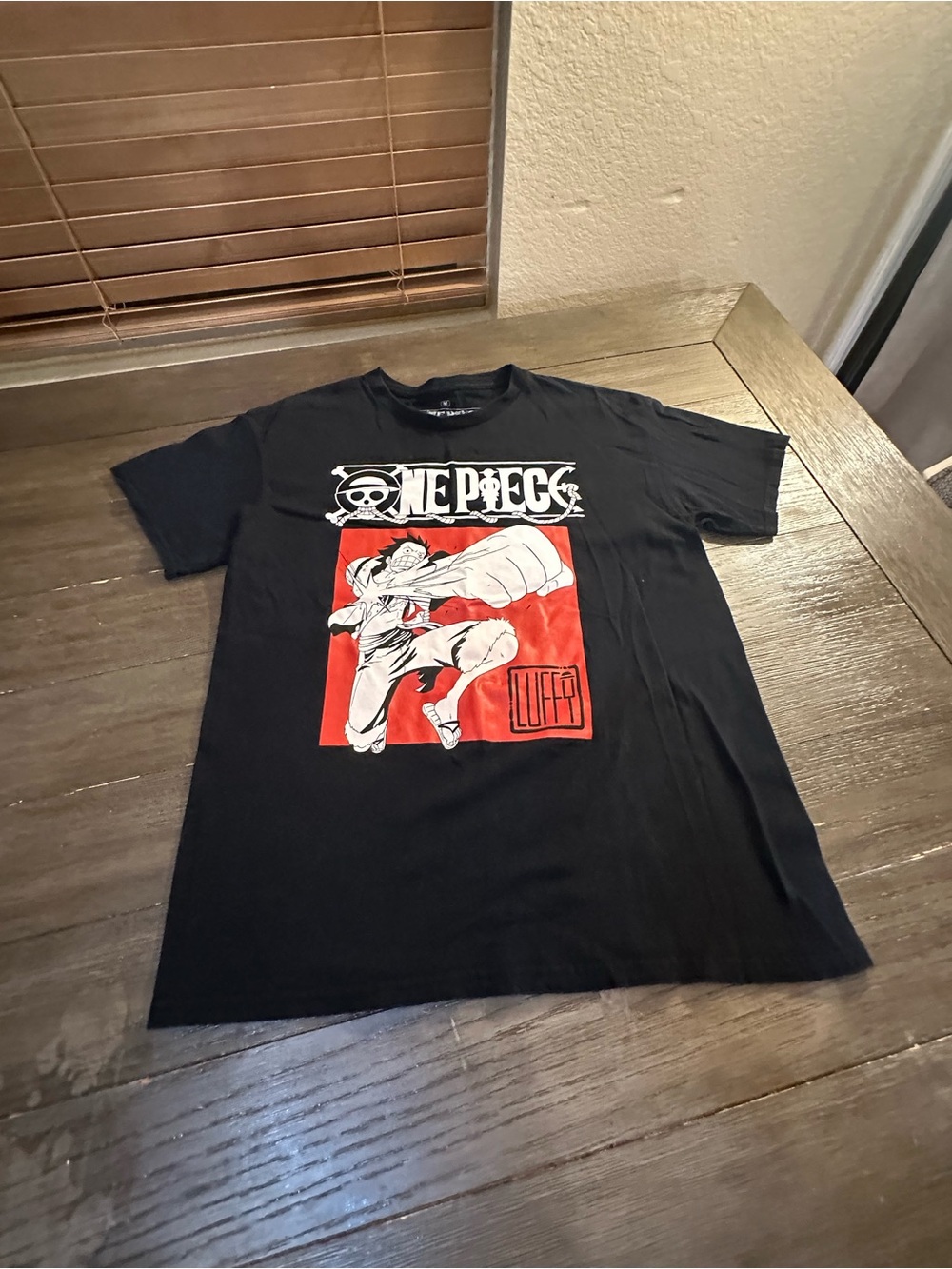 Adult Sz Med Ripple Junction Black One Piece D. Luffy Graphic Tee with Red Panel